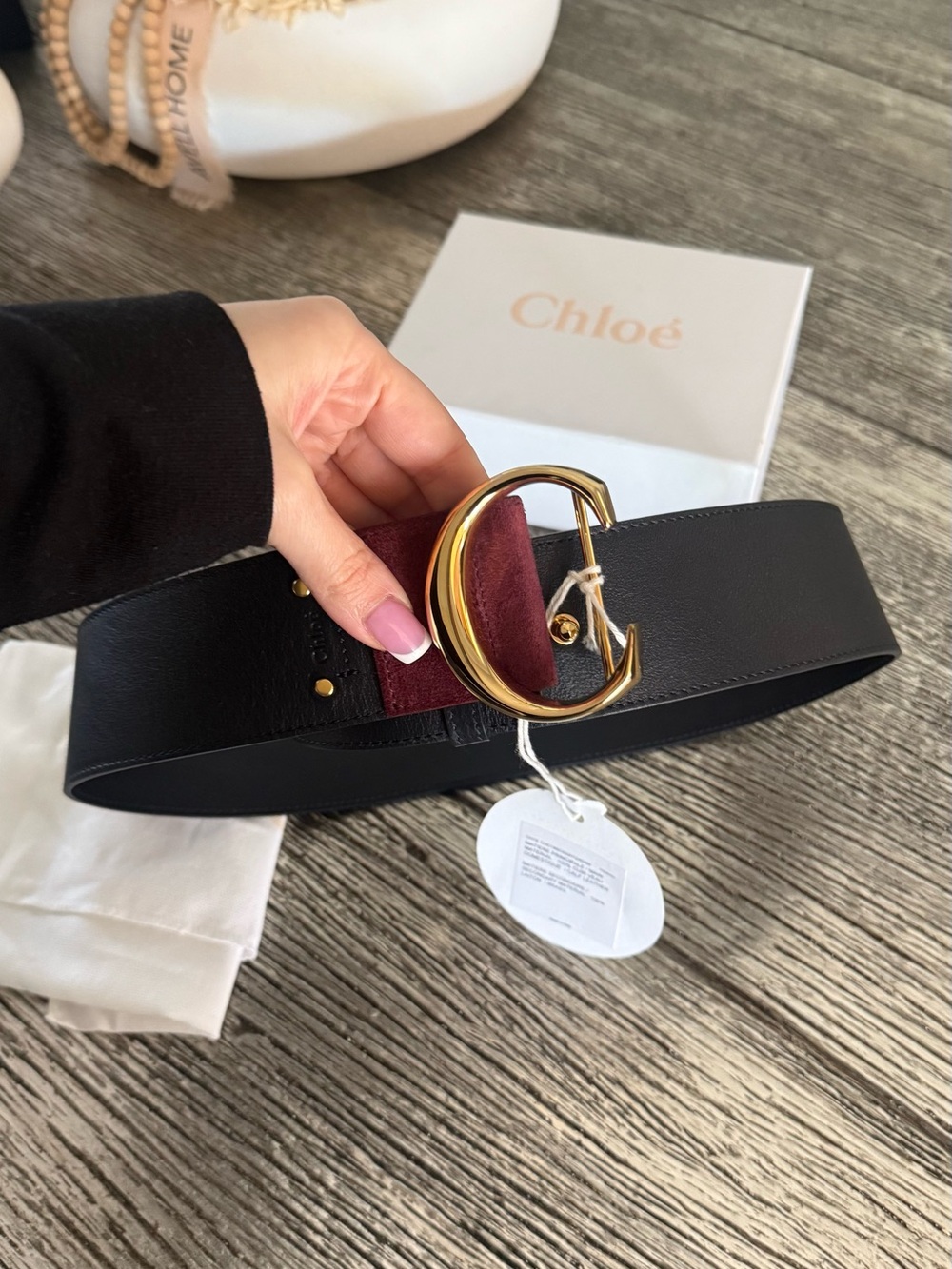 Chloe Black Leather Belt with Gold C Buckle and Burgundy Suede Detail